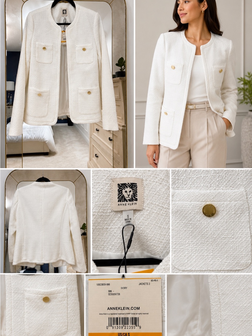 Anne Klein Ivory Bouclé Pocket Blazer Jacket